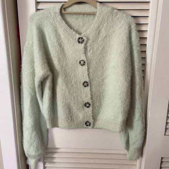 fuzzy green crop top, and fuzzy green button down sweater to match. - Picture 2 of 2